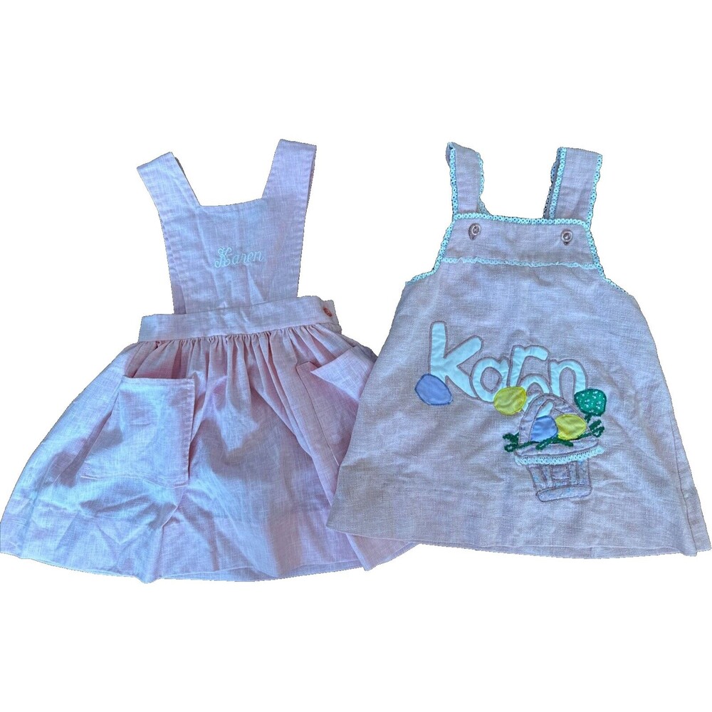 2 Vintage Dress monogrammed KAREN Pink Easter LOOK smock lace apron